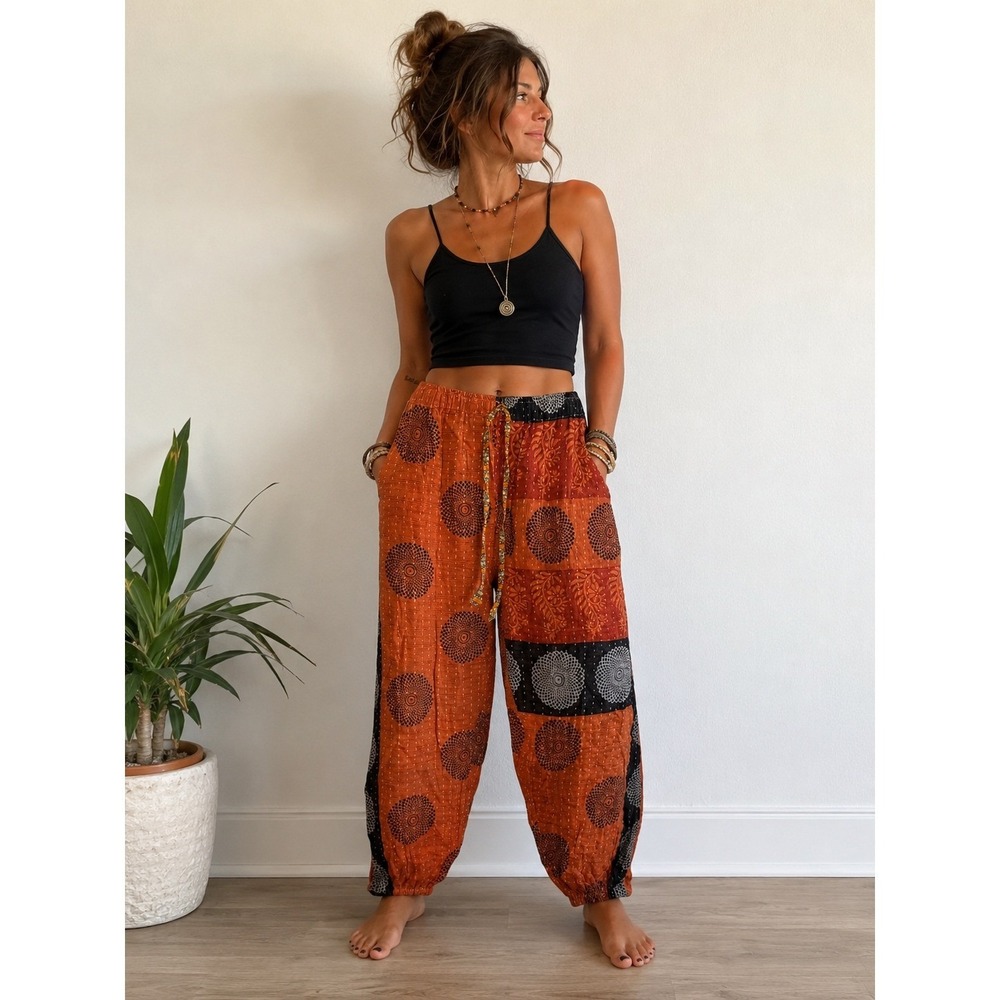 S1OAK Boho Kantha Stitch Harem Pants Orange Black Mandala Patchwork Joggers